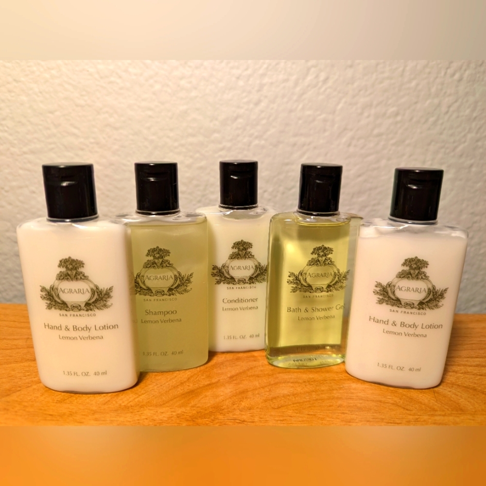 5 NEW! Agraria Lemon Verbena Lotion, Shampoo, Conditioner, Gel travel set